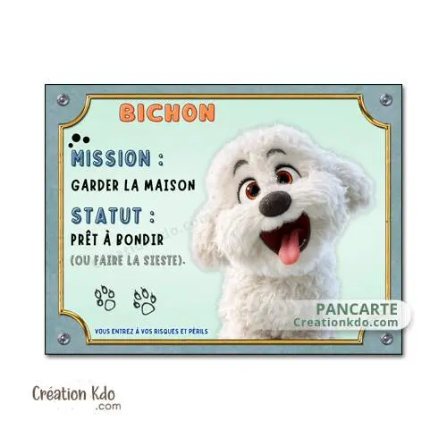 Plaque Attention au chien mission, Bichon frisé panneau de portail en aluminium, cartoon