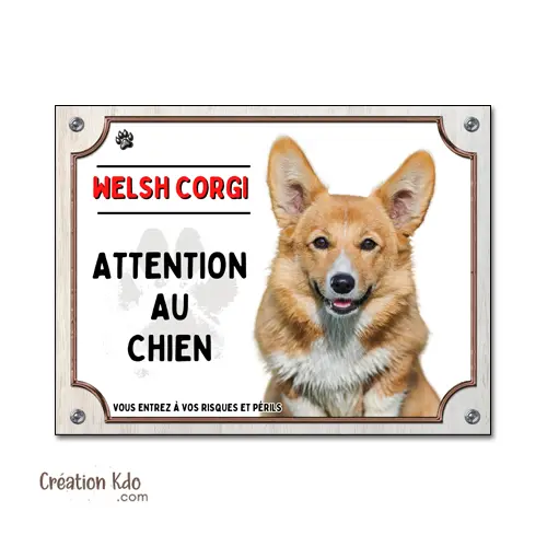 Plaque "Attention au Chien" Welsh Corgi pelage roux - Panneau en métal Aluminium