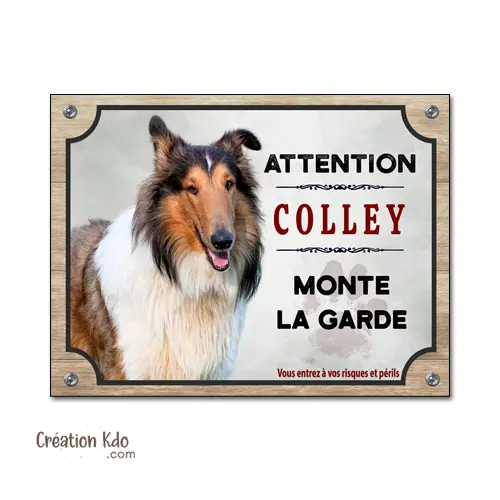 Plaque Attention Colley monte la garde Panneau portail pelage chien zibeline fauve