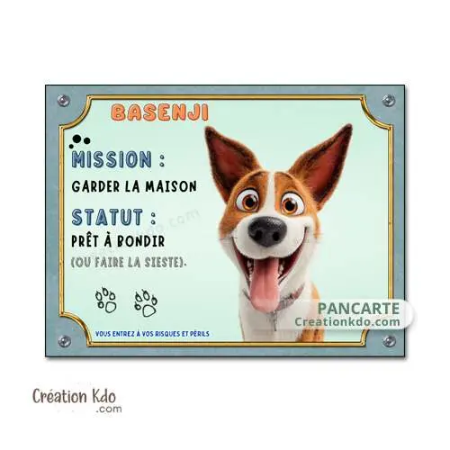 Plaque Basenji Attention au chien mission garder la maison panneau portail cartoon