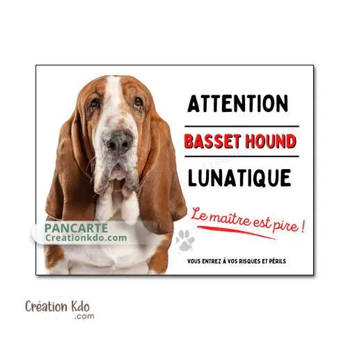 Plaque Basset Hound Attention au chien humour lunatique panneau portail