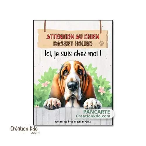 Plaque Basset Hound Attention au chien je suis chez moi panneau version dessin format portrait