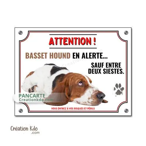 Plaque Basset Hound en alerte humour Attention au chien panneau portail