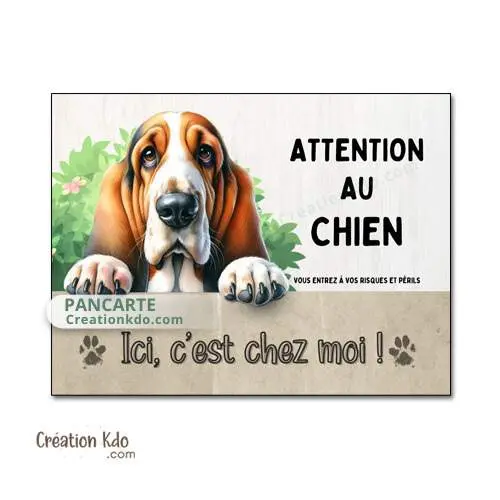 Plaque Basset Hound humour Attention au chien c'est chez moi panneau portail version dessin