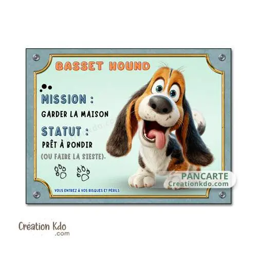 Plaque Basset Hound humour Attention au chien mission garder la maison panneau cartoon