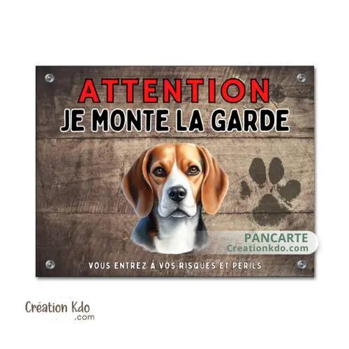 Plaque Beagle Attention Je monte la garde panneau portail chien pancarte fond marron
