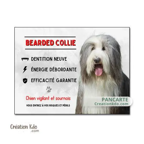 Plaque  Bearded Collie Attention au chien vigilant et sournois panneau portail