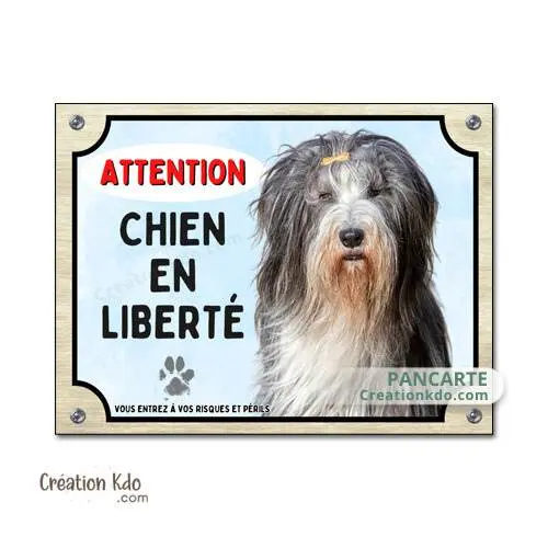 Plaque  Bearded Collie Attention chien en liberté panneau bleu portail