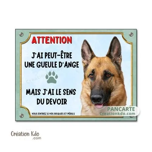 Plaque Berger Allemand Attention au chien gueule d'ange panneau portail poil court