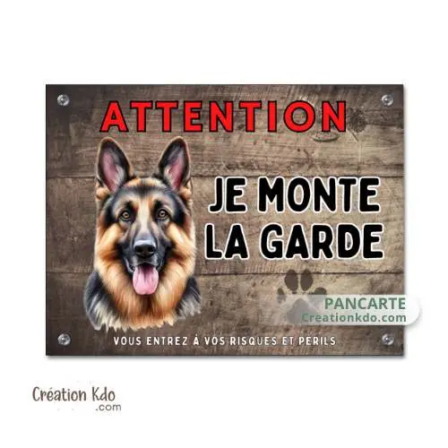 Plaque Berger Allemand Attention Je monte la garde panneau portail fond marron
