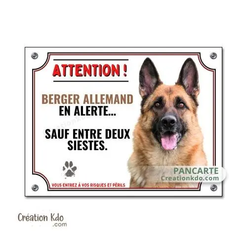 Plaque Berger Allemand en alerte panneau humour attention au chien