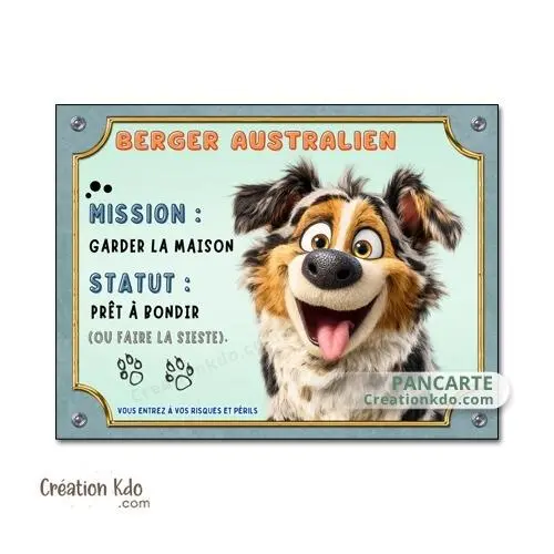 Plaque Berger Australien bleu merle mission garder la maison panneau chien humour cartoon