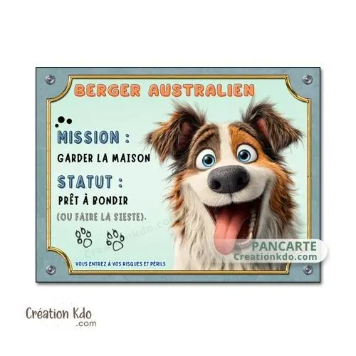 Plaque Berger Australien rouge mission garder la maison panneau chien humour cartoon