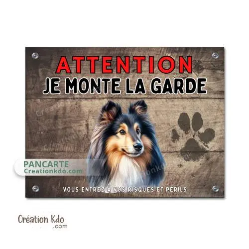 Plaque Berger des Shetland en aluminium – Panneau “Je monte la garde” – Pancarte Attention au chien
