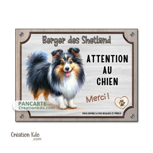 Plaque Berger des Shetland Panneau portail Attention au chien Merci, version dessin