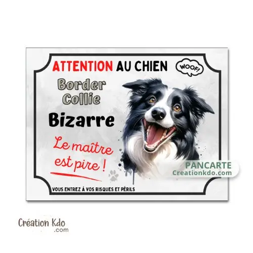 Plaque Border Collie noir et blanc bizarre panneau Attention au chien portail humour