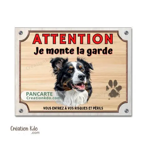 Plaque Border Collie tricolore Je monte la garde panneau Attention au chien portail