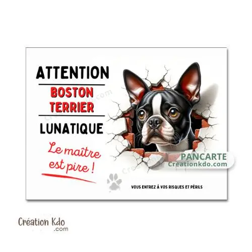 Plaque Boston Terrier lunatique humour panneau Attention au chien pancarte