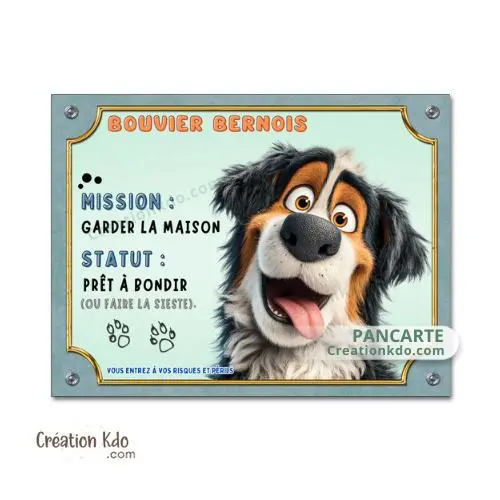 Plaque Bouvier Bernois cartoon Mission panneau attention au chien déco maison