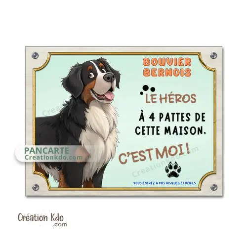 Plaque Bouvier Bernois héro cartoon panneau attention au chien déco maison