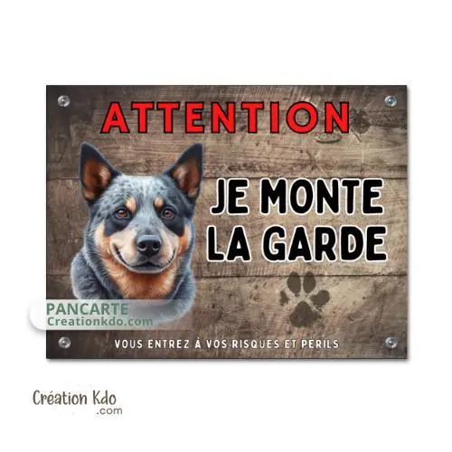Plaque chien Bouvier Australien panneau Je monte la garde pancarte fond marron