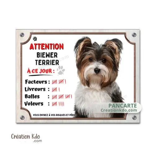 Plaque chien humour Attention Biewer Terrier à ce jour Panneau portail