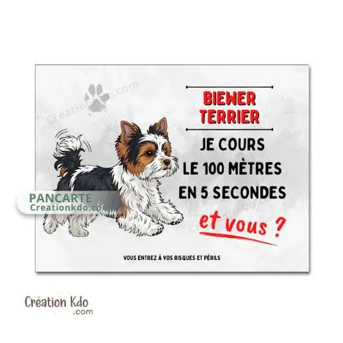 Plaque chien humour Attention Biewer Terrier Je cours le 100 mètres Panneau version dessin