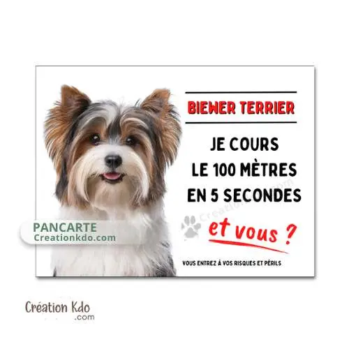 Plaque chien humour Attention Biewer Terrier Je cours le 100 mètres Panneau