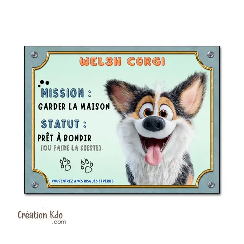Plaque Corgi Tricolore Humour "Mission Garde & Sieste" - Panneau Cartoon Aluminium