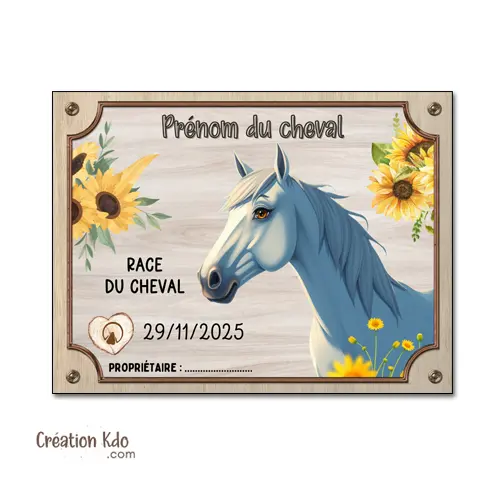 Plaque de box cheval gris personnalisée panneau d'écurie motif tournesol ranch cartoon