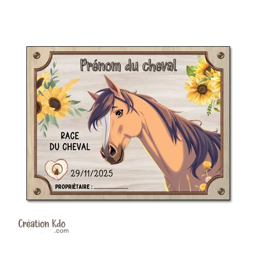 Plaque de box cheval marron à personnaliser panneau d'écurie pancarte équestre motif animation