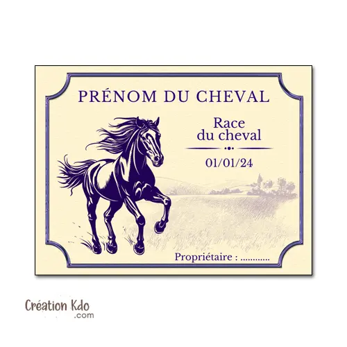 Plaque de box cheval panneau chevaux à personnaliser avec texte bleu roi version dessin