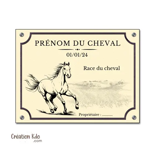 Plaque de box cheval panneau chevaux à personnaliser avec texte noir version dessin