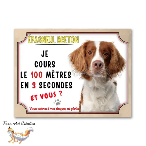 Plaque de portail Épagneul Breton court le 100 mètres Panneau Attention au chien