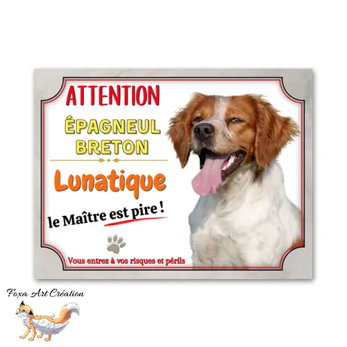 Plaque de portail Épagneul Breton lunatique le maitre est pire Panneau Attention au chien