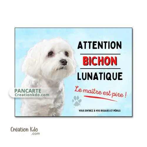 Plaque humour Attention au chien, Bichon lunatique panneau tons bleus pour porte ou portail