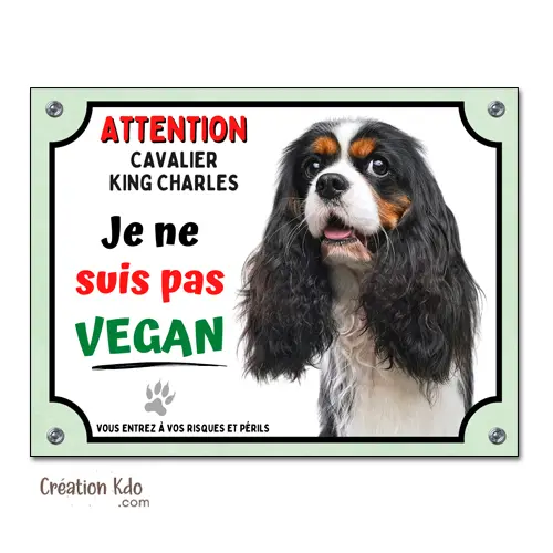 Plaque humour Cavalier King Charles (tricolore) je ne suis pas vegan Attention au chien panneau