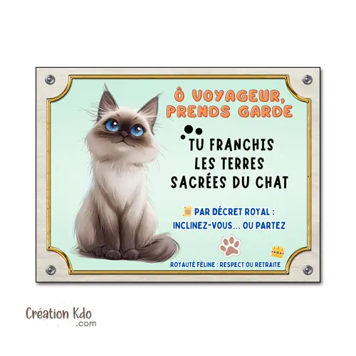 Plaque humour Terres sacrées du chat cartoon Panneau Sacré de Birmanie