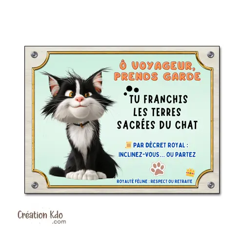 Plaque humour Terres sacrées du chat noir et blanc cartoon Panneau