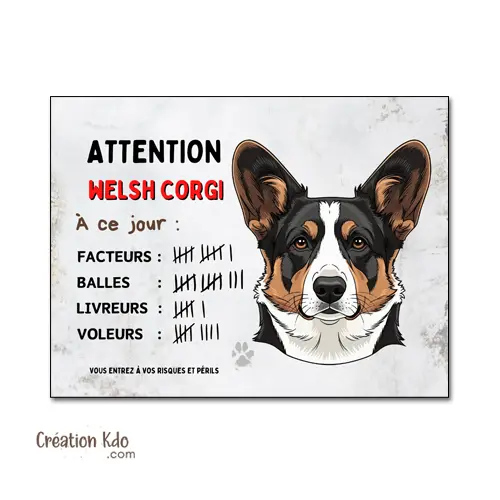 Plaque Humour Welsh Corgi tricolore Le score du Jour - Facteurs, Livreurs ... Panneau