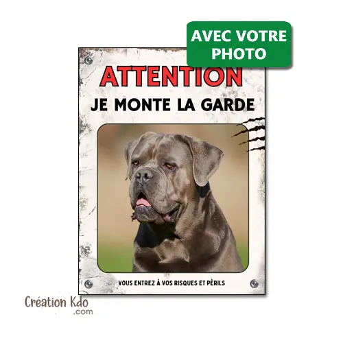 Plaque personnalisée photo chien Attention Je monte la garde Panneau au format portrait style rétro