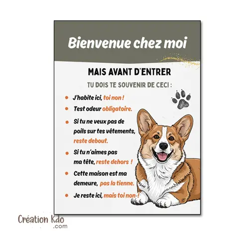 Plaque Welsh Corgi Humour "Bienvenue chez moi" - Règles de la Maison Panneau