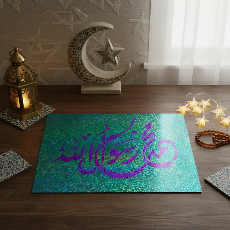 Poster Calligraphie Islamique Fait Main - "Muhammad Rasulullah" (محمد رسول الله) - Vinyle Découpé sur Fond Holographique