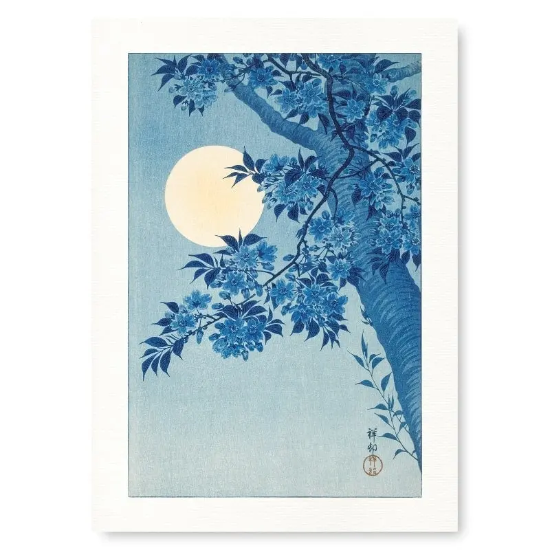 Póster Japonés Flores de Cerezo y Luna Llena