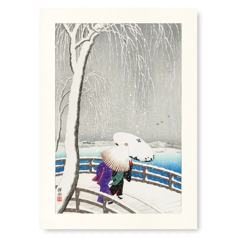 Póster Japonés Nieve sobre Puente