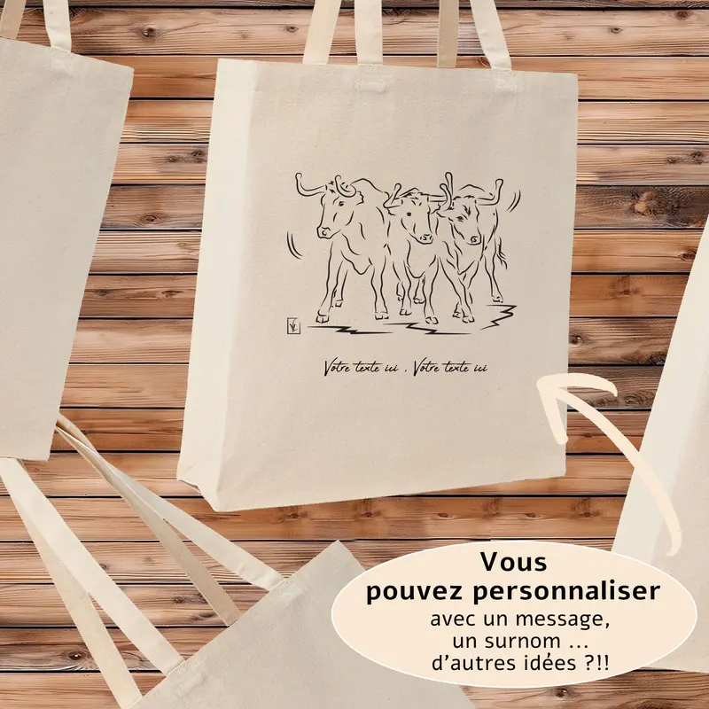 Sac Cabas Trois Vachettes Camargue - Spacieux 21L Personnalisable