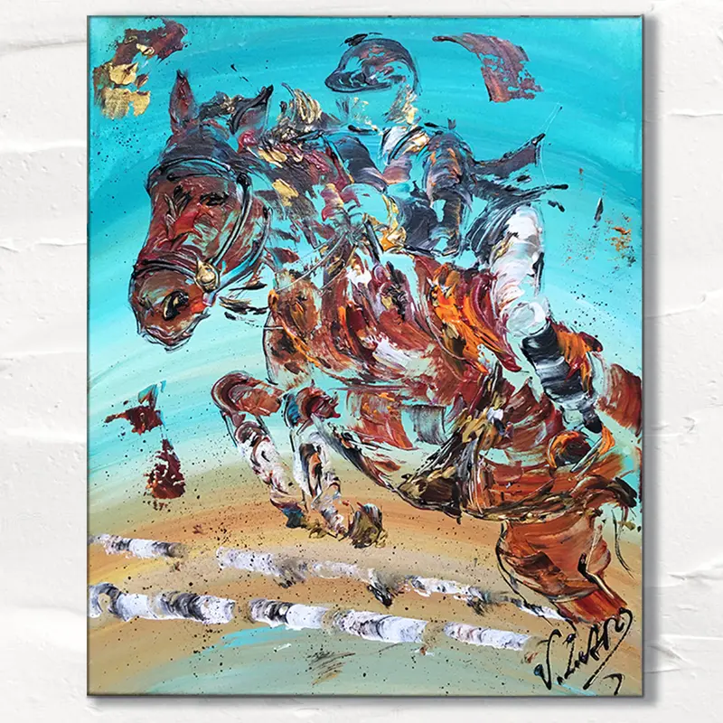 Saut d'obstacle Equitation - Peinture sur toile 38x46cm