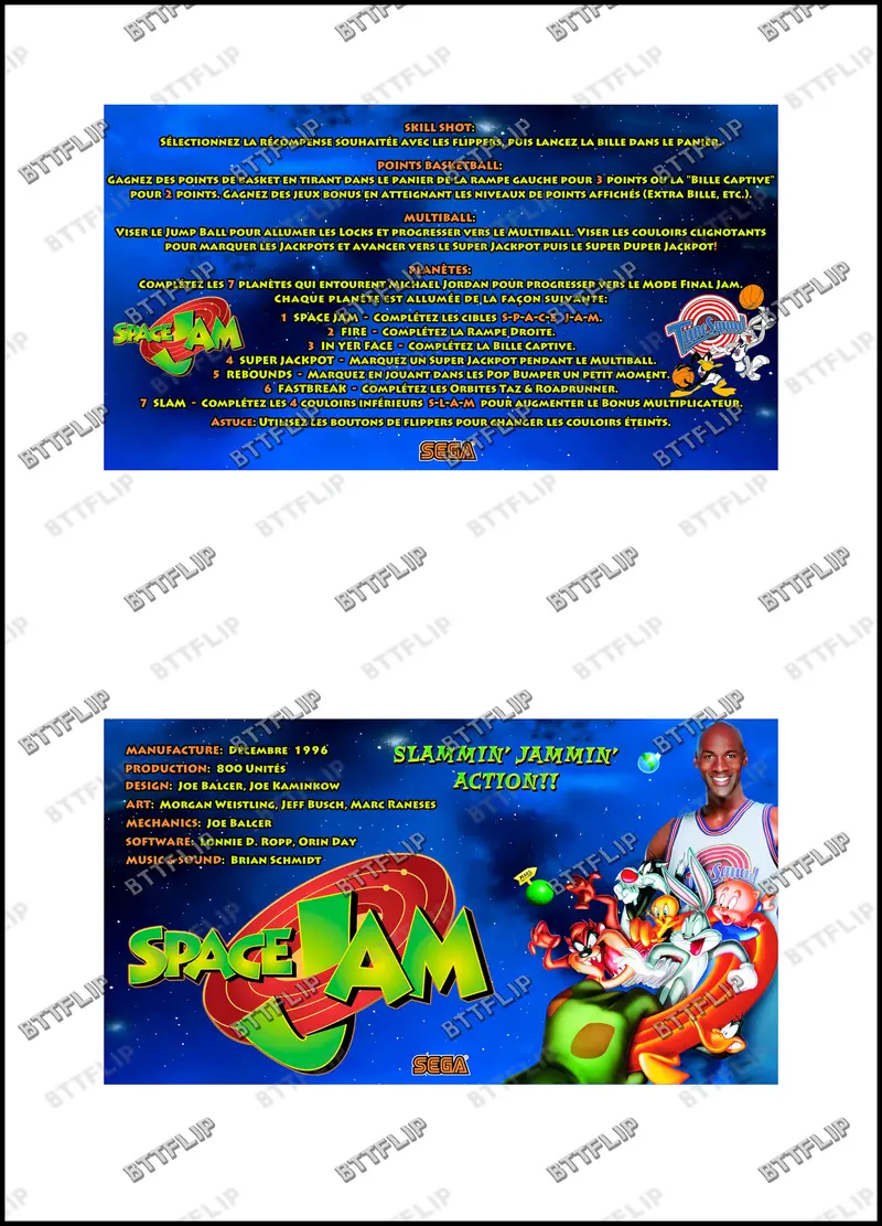 SEGA Space Jam 1996 Jeu Cartes règles Instructions Flipper Custom Apron V1