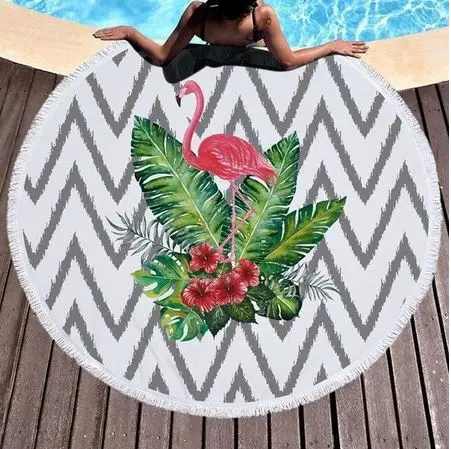 Serviette de Plage Ronde Flamant Rose Fleur Tropical