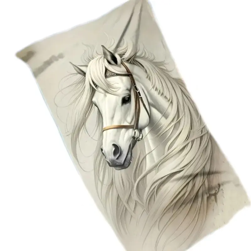 Serviettes de plage bain ou toilette imprimées - Dessin de cheval blanc sur fond pierre